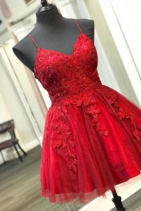 Spaghetti Straps Beaded Lace Knee Length Wine Red Prom Dress Short