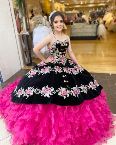 Black and Hot Pink Sweetheart Charro Floral Quinceanera Dress Ruffles Train