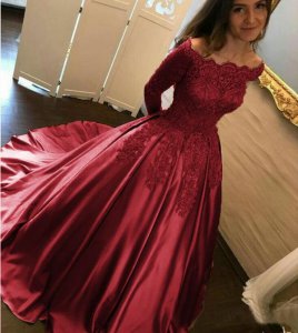 Princess Off Shoulder Long Sleeves Dark Red Designer Quinceanera Dress Sweet 16 Ball Gown With Court Train