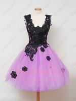 Lilac Short Dama Draped Tulle Skirt Party Dress With Black Appliques