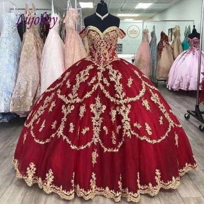 Designer Off Shoulder Glitter Quinceanera Dress Wine Red With Gold Lace Applique