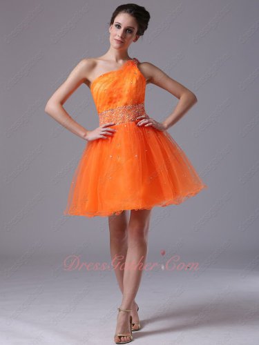 Stylish Single Strap Intersperse Beading Short Bright Orange Dancers Partner Dress