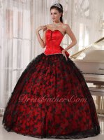 Lace Up Front Bust Bowknot/Ribbon Back Red Ball Gown Covered With Flat Black Lace