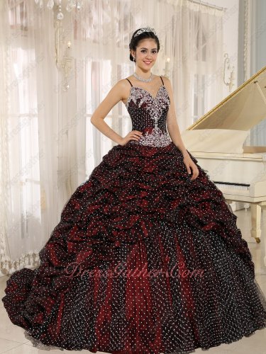 Gracile Straps Bubble Train Burgundy Quinceanera Gowns Full Covered With Wave Point