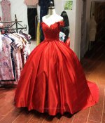 Off Shoulder Red Satin Pocket Quinceanera Ball Gown Girls' Sweet 16 Birthday Gift