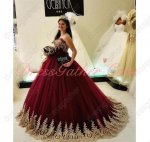 Puffy Princess Burgundy Ball Gown and Gold Lace Edge Little Sweep Train Special Day