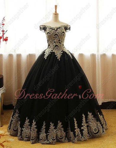 Black With Gold Pineapple Applique Puffy Court Evening Ball Gown Princess
