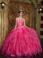 Strapless Cascade Triangular Ruffles Hot Pink Warm Tone Quinceanera Dress Flattering