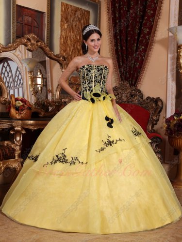 Black Top With Yellow Embroidery/Lines Quinceanera Gown Flat Organza Skirt