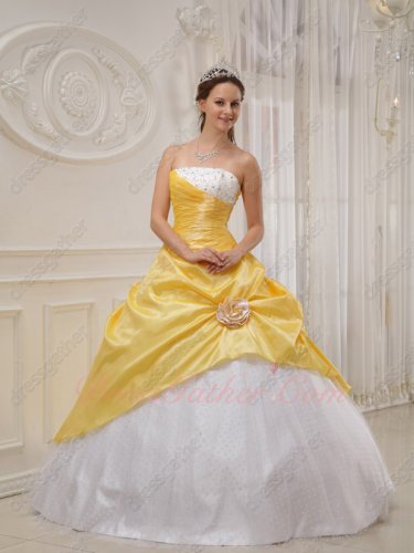 Trimed White Wave Point Dot Tulle Flat Skirt Moon Yellow Overlay Prom Gown