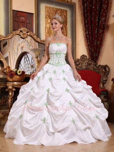 Memorable White Taffeta Prom Ball Gown With Spring Green Details