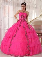 Hot Pink Open Layers Organza Paillette Flowers Decorate Girls Quince Ball Gown