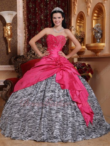 Corset Hot Pink Taffeta Overlay Plain Zebra Quinceanera Ball Gown High Quality