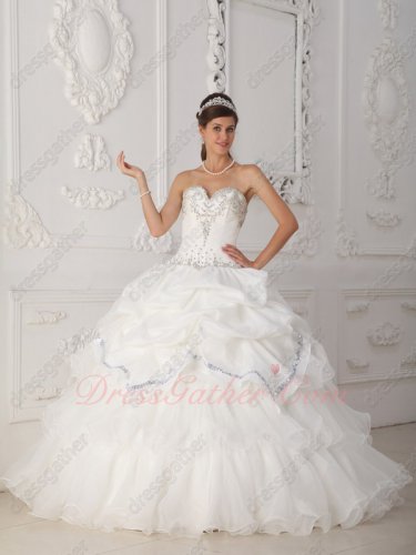 Pure White Ruffles Inexpensive Quinceanera Ball Gown With Shiny Sequin Strip Edge