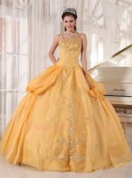 Spaghetti Straps Gold Yellow Symmetric Bubble Open Flat Puffy Quinceanera Ball Gown