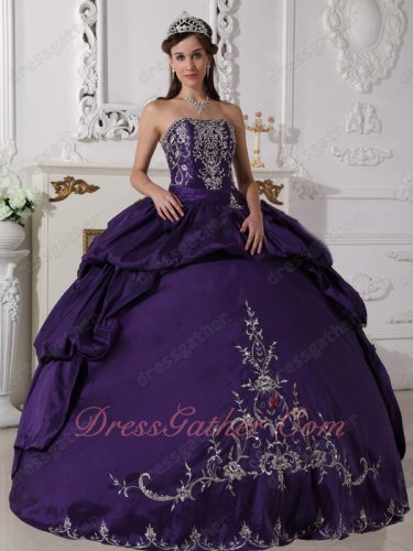 Eggplant Purple Bubble Quinceanera Prom Party Dress Silver Exquisite Embroidery