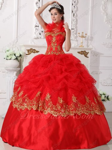 Feather Halter Strap Scarlet Red Wave Point Bubble Quince Gown With Golden Lacework