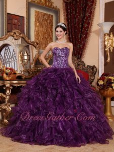 Full Beading Bodice Grape Purple Shiny Organza Dense Ruffles Military Ball Gown