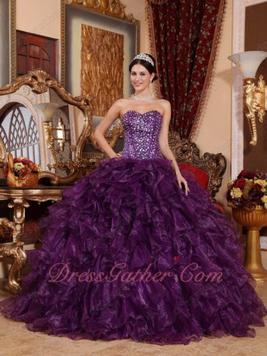 Full Beading Bodice Grape Purple Shiny Organza Dense Ruffles Military Ball Gown