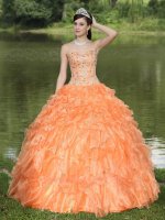 Fishbone Lines Rhinestone Bodice Dense Orange Organza Ruffles Quinceanera Dress