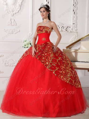 Scarlet Strapless Puffy Quince Ball Gown With Sparkle Sequin Lace Coverage Decorate