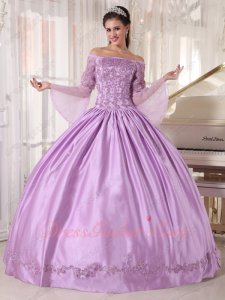 Off Shoulder Trumpet/Flare Sleeves Lilac Puffy Satin Quinceanera Ball Gown With Slip