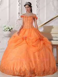 Off Flat Shoulder Orange Prom Ball Gown Half Organza Pick Up and Lacework Hemline