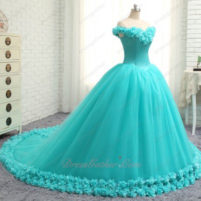 Graceful Off Shoulder V Neck Puffy Aqua Quinceanera Gowns 3D Flowers Hemline Triangular