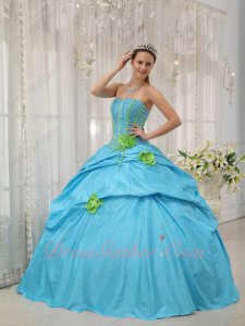 V-Shaped Waistline Basque Quince Court Gown Aqua Blue With Spring Green Details