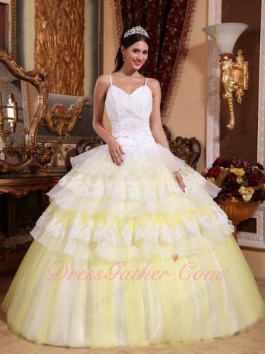Spaghetti Straps Half Lacework Layers Half Flat Tulle Ball Gown White and Daffodil