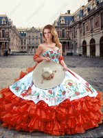 Embroidery White Bodice Overlay Quince Ball Gown Four-Layers Wave Red Horse Riding Quinceanera