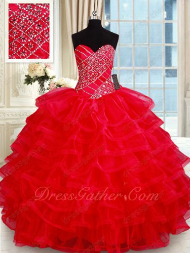 Floor Length Red Multilayers Organza Cake Quinceanera Girl Ball Gown Horsehair