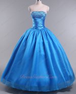 Azure Blue Organza Plain Smooth Quince Ball Gown With Hard Tulle Inside Make Puffy