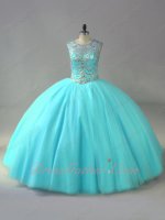 Sheer Scoop Silver Beading Bodice Dancing Quinceanera Ball Gown Ice Blue Tulle Crazy