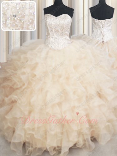 Dense Organza Ruffles Beadwork and Lines Bodice Banquet Ball Gown Pearl Champagne