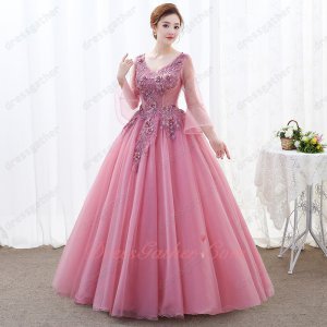 Elegant Trumpet Sleeve 3D Applique Dust Rose Pink Military Evening Ball Gown Princess