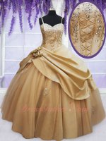 Spaghetti Straps Pick Up Satin and Tulle Gold Quinceanera Ball Gown Girls' First