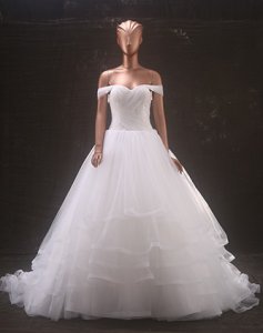 Flat Shoulder Crossed Ruching Corset Layers Horshair Puffy Elegant Wedding Bridal Dress