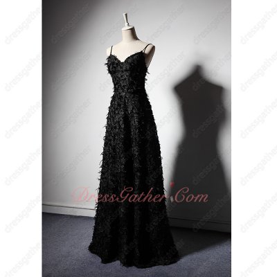 Shiny Black Lace With Feather Special Occasion Prom Dress Advanced Customization