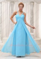 V-Shape Double Straps Aqua Blue Front Middle Slit Open Formal Dress EOS Promotion