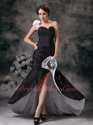 One Strap High Low Mermaid Cocktail Evening Dress Black Taffeta With Silver Lining