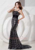 Spaghetti Straps Black and Silver Mingled Shiny Sequin Mermaid Prom Dress High End