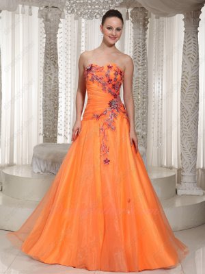 Hot Sell Orange Yellow Organza A-line Formal Pageant Gowns Exquisite 3D Appliques