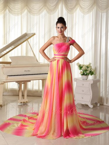 One Strap Hot Pink/Bright Yellow Ombre Shaded Gradient Chiffon Cocktail Evening Dress