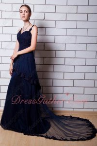 Spaghetti Straps Navy Blue Formal Evening Dressing Up Layers With Lacework