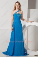 One Strap Sweep Train Azure Blue Chiffon Recommend Latest Formal Evening Gowns
