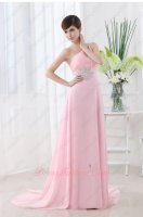 Plicated One Shoulder Pink Empire Ceremony Presenter Dress With Silver Details