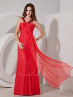 V-Shaped Double Straps Middle Front Flowing Strip Empire Red Prom Dress Gowns