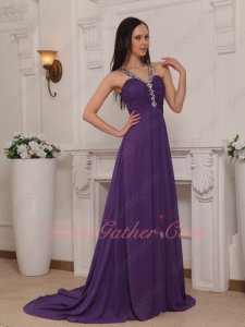 Empire A-line Court Train Eggplant Chiffon Beaded Straps Formal Party Event Gowns