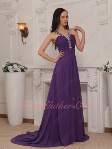 Empire A-line Court Train Eggplant Chiffon Beaded Straps Formal Party Event Gowns